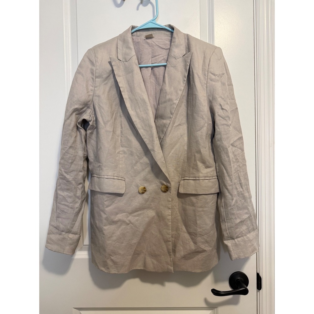 Magaschoni Linen Blazer Women Large Beige Excellent Double Breasted Lightweight